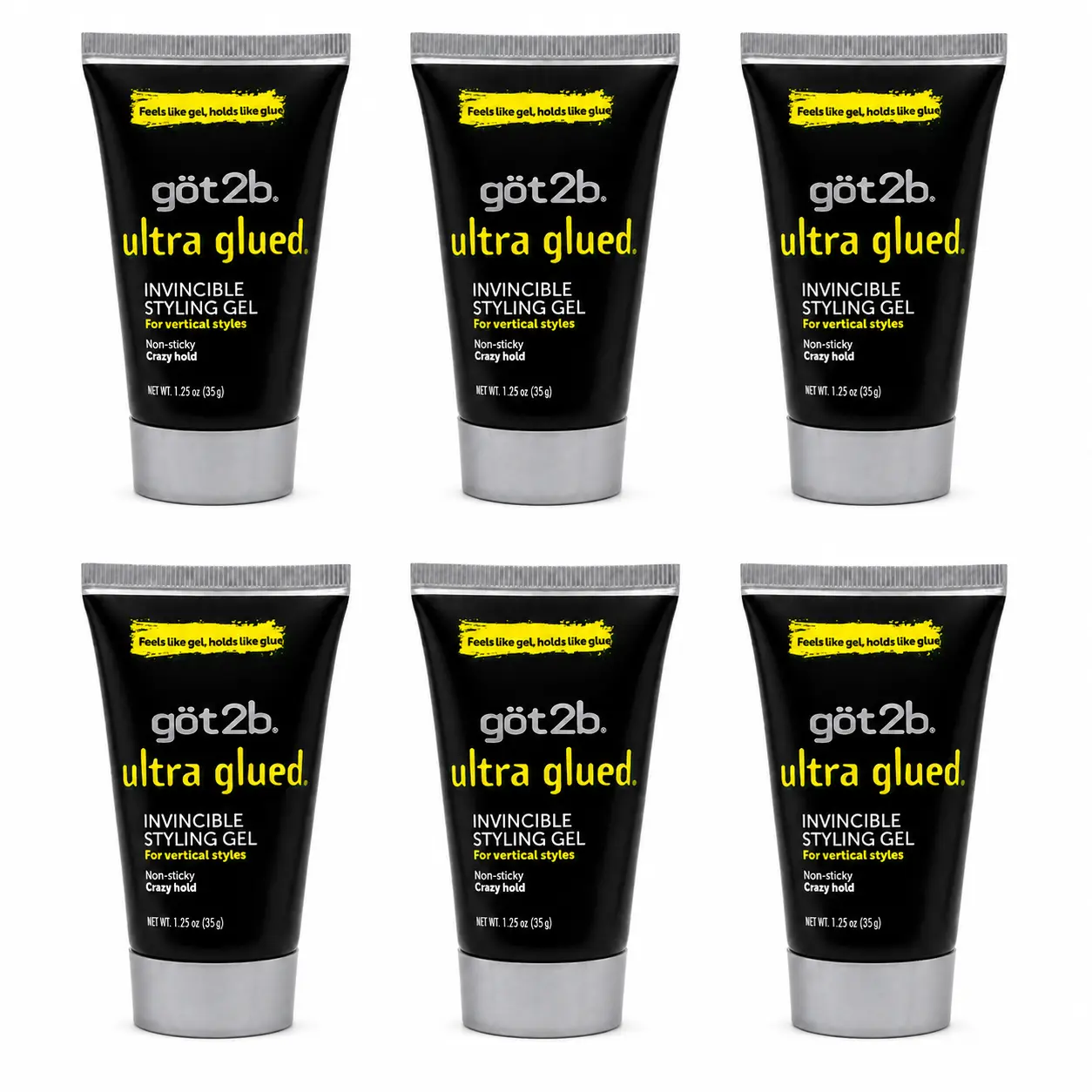 got2b Ultra Glued Invincible Styling Gel 1.25oz (Pack of 6) Strong Hold Hair Gel for Edges, Wigs & Sleek Styles | Non-Sticky No-Flake Formula