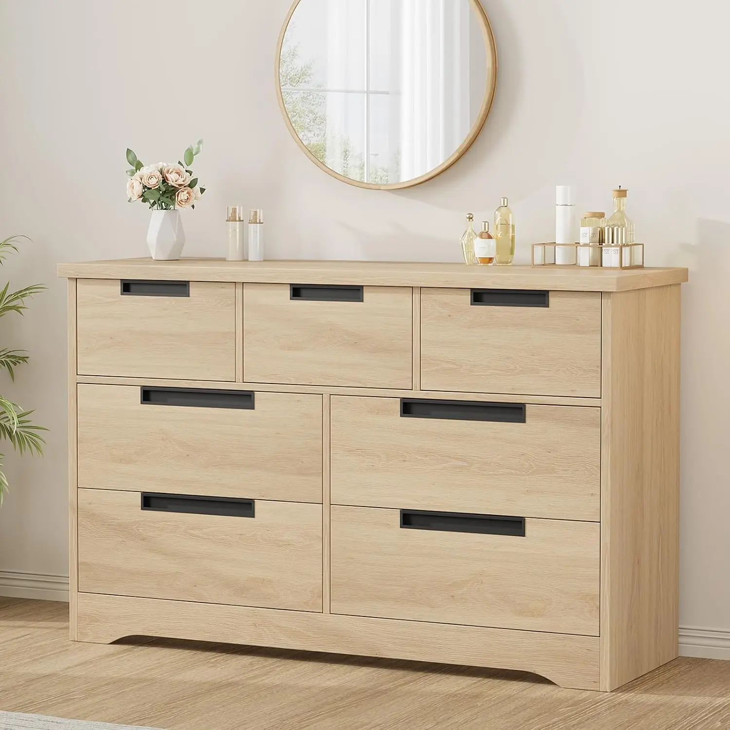 7 Drawer Dresser for Bedroom, Natural Oak Dresser Organizer with Embedded Handles Design, Wooden Chest of Drawers for Living Room, Nursery, Hallway