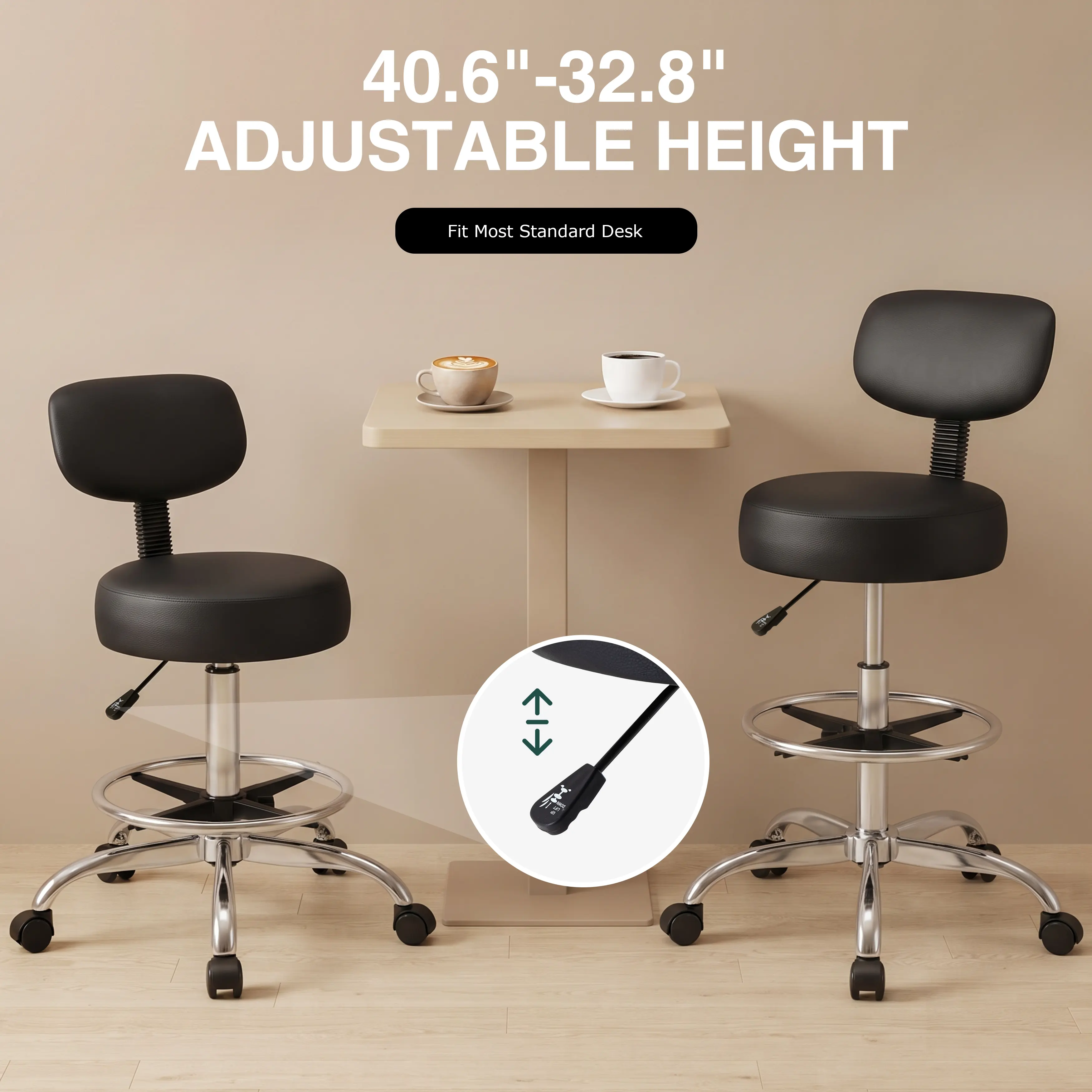 Walsunny PU Leather Drafting Chair with Backrest - Adjustable Footrest, Rolling Swivel Stool for Office, Home, Salon