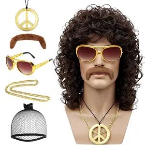 70s Mens Brown Disco Wig 6 Pcs 80s Hippie Wig with Glasses Golden Chain Peace Sign Necklace Mustache Wig Cap Long Curly Funny Afro Wig Men for Retro Rocker Hippies Costume Cosplay Hallo