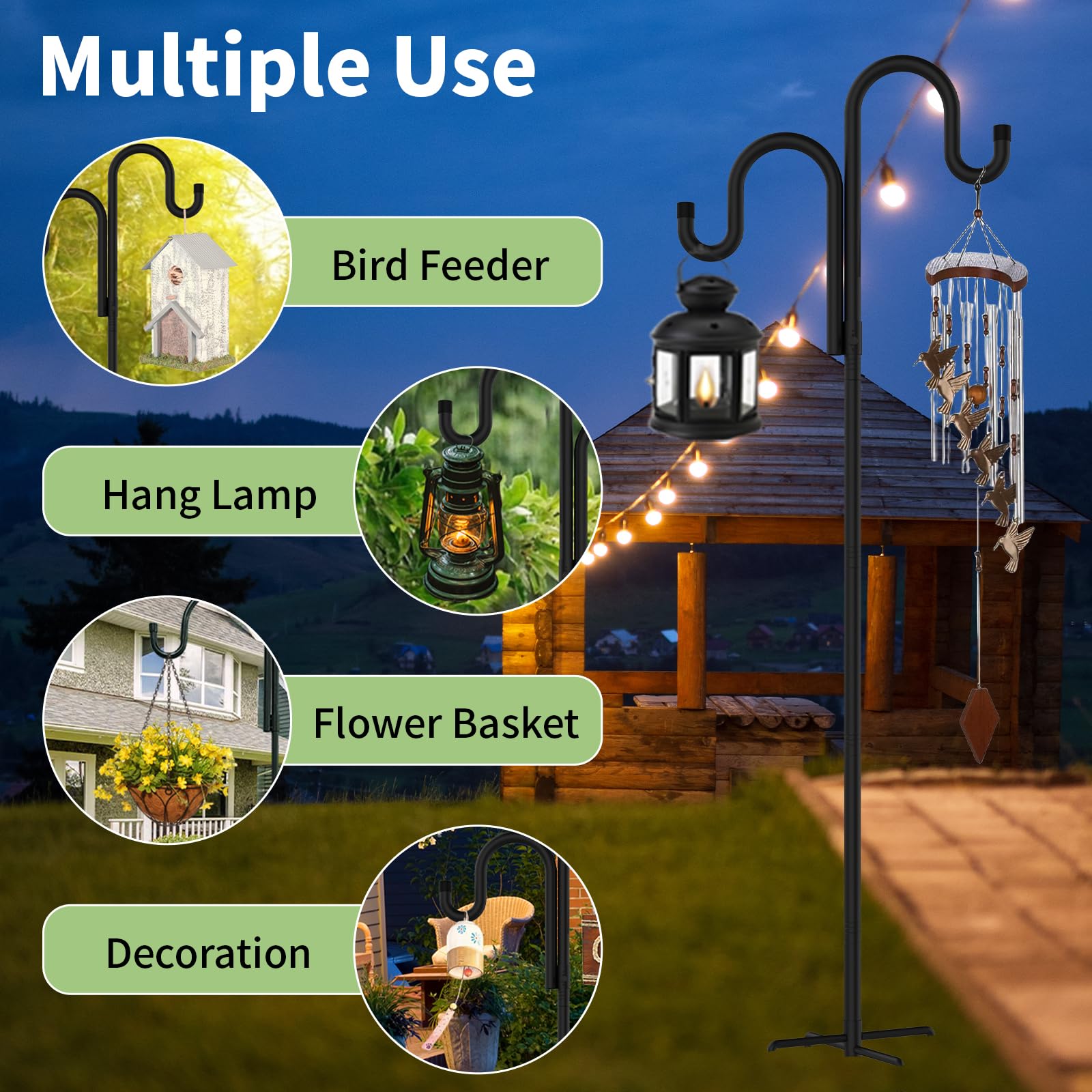 Double Shepherds Hooks for Outdoor,62 Inch/76 Inch/92 Inch, 2-Pack Heavy Duty Garden Pole for Hanging Bird Feeder, Plant Baskets, Solar Light Lanterns, Garden Plant Hanger Stands with 5 Base Prongs