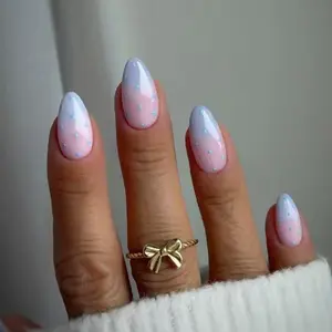 24pcs Almond Blue Gradient Polka Dot Nail Tips, Pastel Blue Ombre, Light Blue Small Dots, Low Saturation Macaron Tone, Short Oval Nails, Nail Art