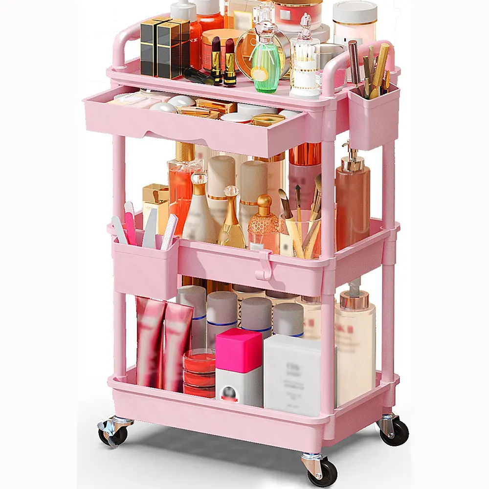 Makeup Cart Organizer with Drawers, Floor Skincare Organizers Vanity Storage Organizer, Rolling Makeup Bathroom Storage Cart Cosmetics Display Cases for Skin Care Perfume Nail Polish