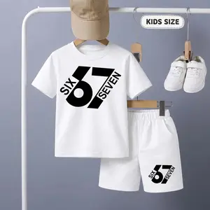 Children's Admit Itlife 67 Cartoon Print Short-Sleeve T-Shirt And Shorts Set—Casual Summer Kids' Clothing. This Round-Neck Outfit Combination Is Perfect For Everyday Wear And Outdoor Play.