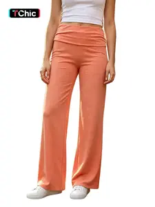Women's Solid Color Folded Loose Long Pants, Ideal for Daily Wear, Suitable for All Seasons, Comfortable and Stylish