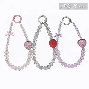 Premium Sense Rhinestone Strawberry Mobile Phone Chain Crystal Wrist Beaded Lanyard Anti-Drop Anti-Lost Key，Anti-Theft Wrist Strap Gift for Christmas& Thanksgiving Day Chain Grey Aesthetic Cloth Smartphone Cellphone Grip