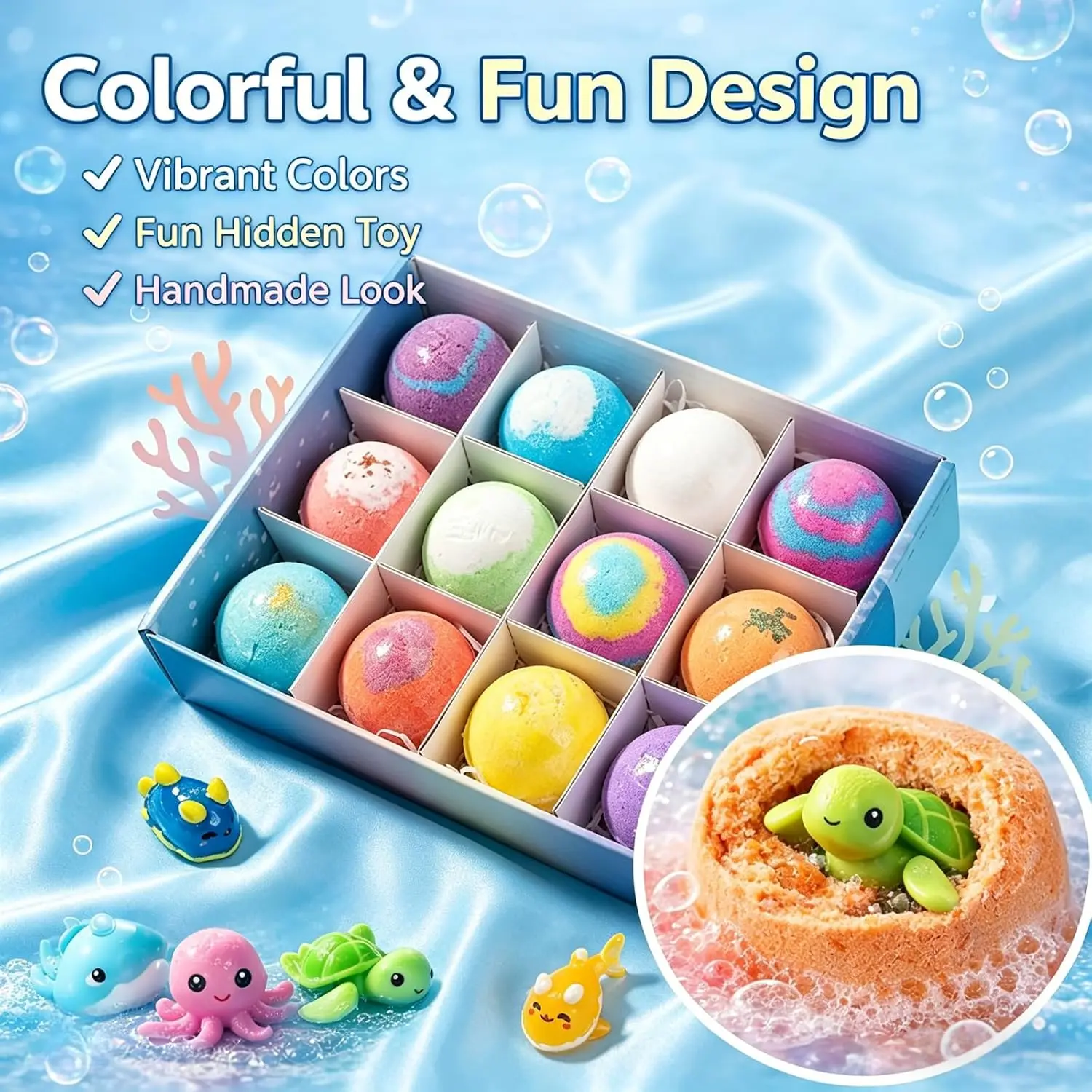 Kid-Friendly Natural Bath Fizz Balls 12 Pack, Rich Bubble Sea Animal Surprise Toy Bath Bombs for Toddler Daily Shower Fun