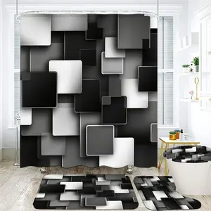 1/4pcs Modern Geometric Bathroom Decor Set - Abstract Pattern Shower Curtain Sets, Stylish Bath Mats, and Contoured Toilet Seat Covers in Black, White, & Gray - Perfect Spring Refresh for Your Minimalist Space!