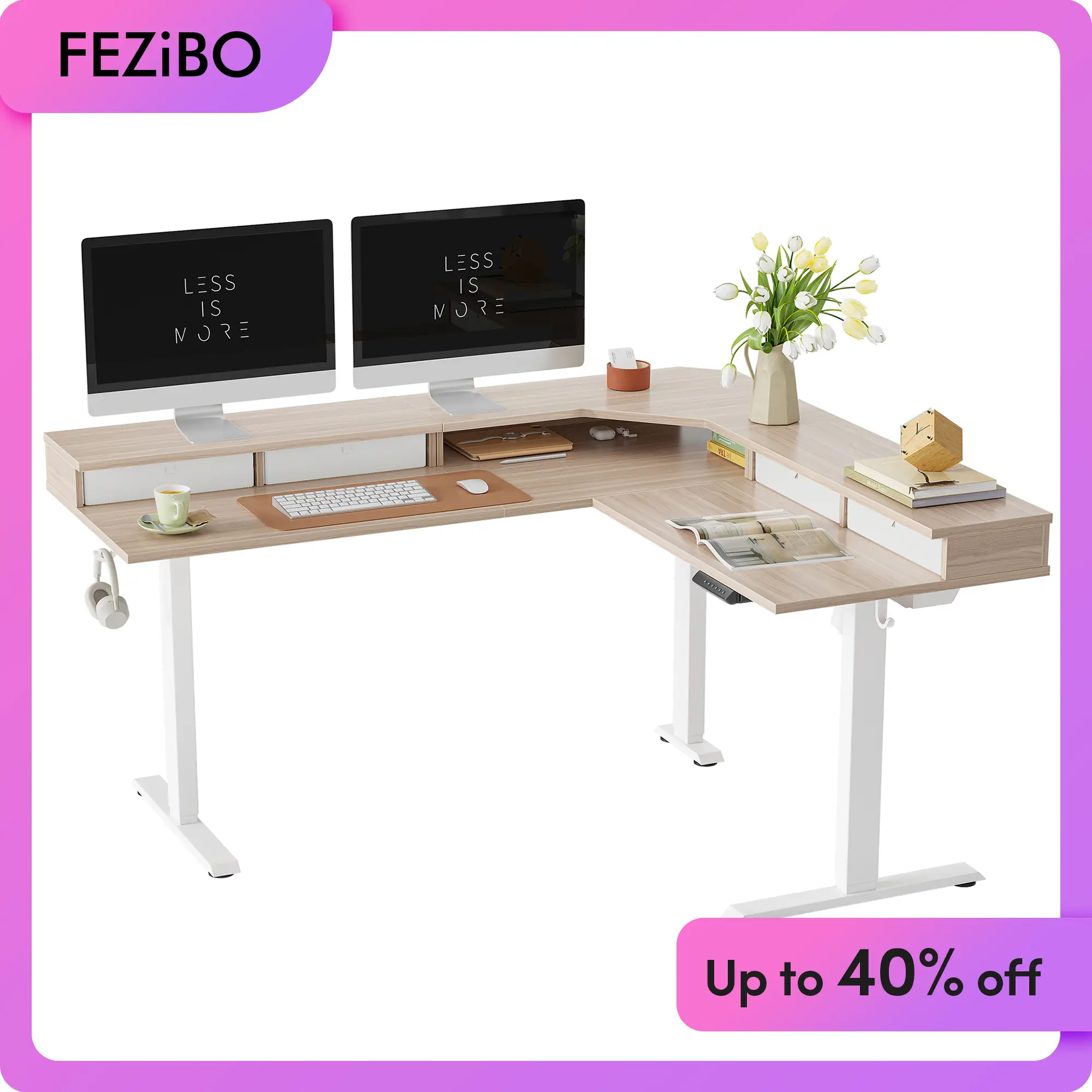【Two Package Included】FEZIBO 63" L-Shaped Standing Desk for Home Office, Two-Package Delivery, Electric HAdjustable Desk with 3 Drawers & Monitor Rise
