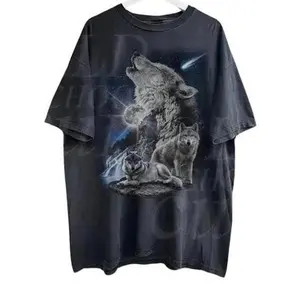 Loyal Gray Wolf's Soft Washed Cotton Tee T-Shirt for Men - Top Quality Wolf Family Howling At Moon Vintage Shirt