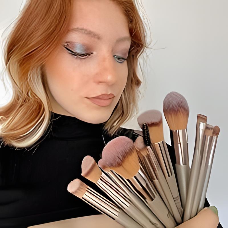 HEYMKGO 15PCS Champagne Gold Makeup Brush Set - Pro Foundation/Blending/Eye Brushes | Blush & Concealer Tools with Bag | TikTok Viral Must-Have Two-in-One Portable Shade and Blend Makeup Brush Multifunctional vintage makeup brush Natural Look all-day meta