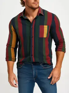 Men's Business Casual Striped Long Sleeve Shirt, Fitted Patchwork Design, Fall & Winter Fashion, Comfortable Men's Long Sleeve Blouse, Casual Stylish Menswear