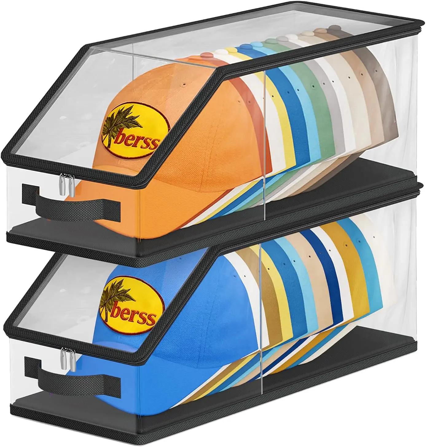 2PCS Stackable Hat Storage for Baseball Caps, Clear Hat Organizer for Closet Holds up to 24 Caps, Men‘s Hat Box Display with Cardboard (Black)