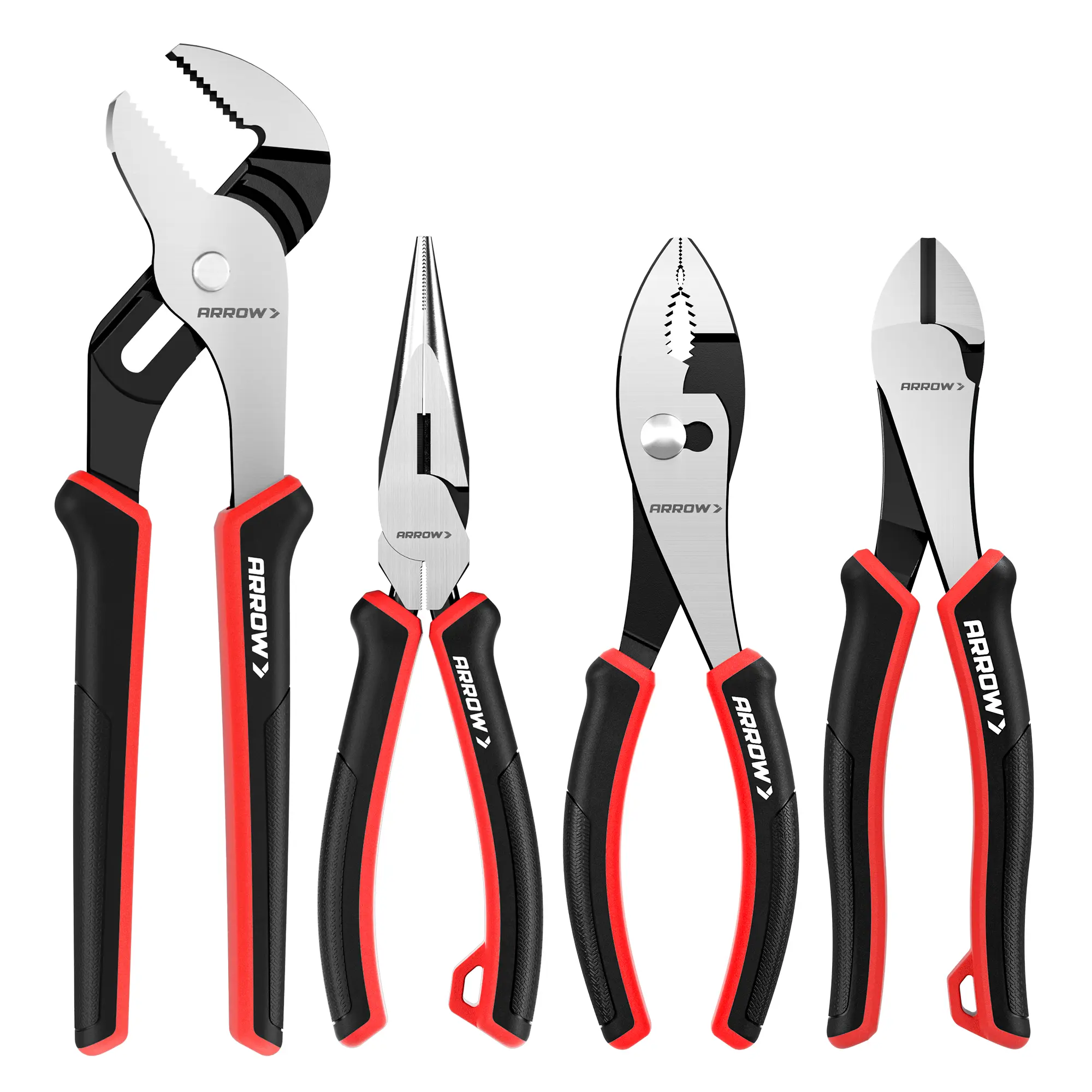 ARROW 4-Piece Pliers Set, Includes 8 Inch Diagonal, Long Nose, Slip Joint, 10 Inch Groove Joint Pliers, Ergonomic Anti-slip Handle, for Basic Repair