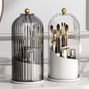 Desktop 360 Rotating Clear Dustproof Makeup Brushes storage bucket Rotatable makeup brush holder organizer with Lid for Cosmetic