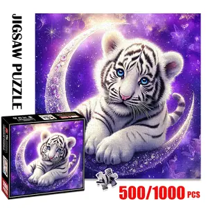 1pc 1000 piece adult puzzle Jigsaw Puzzles 58x58cm White Tiger Cub on Embellished Crescent Moon with Starry Background500 pieces of paper puzzle, suitable for adults and families, large-scale DIY puzzle interactive