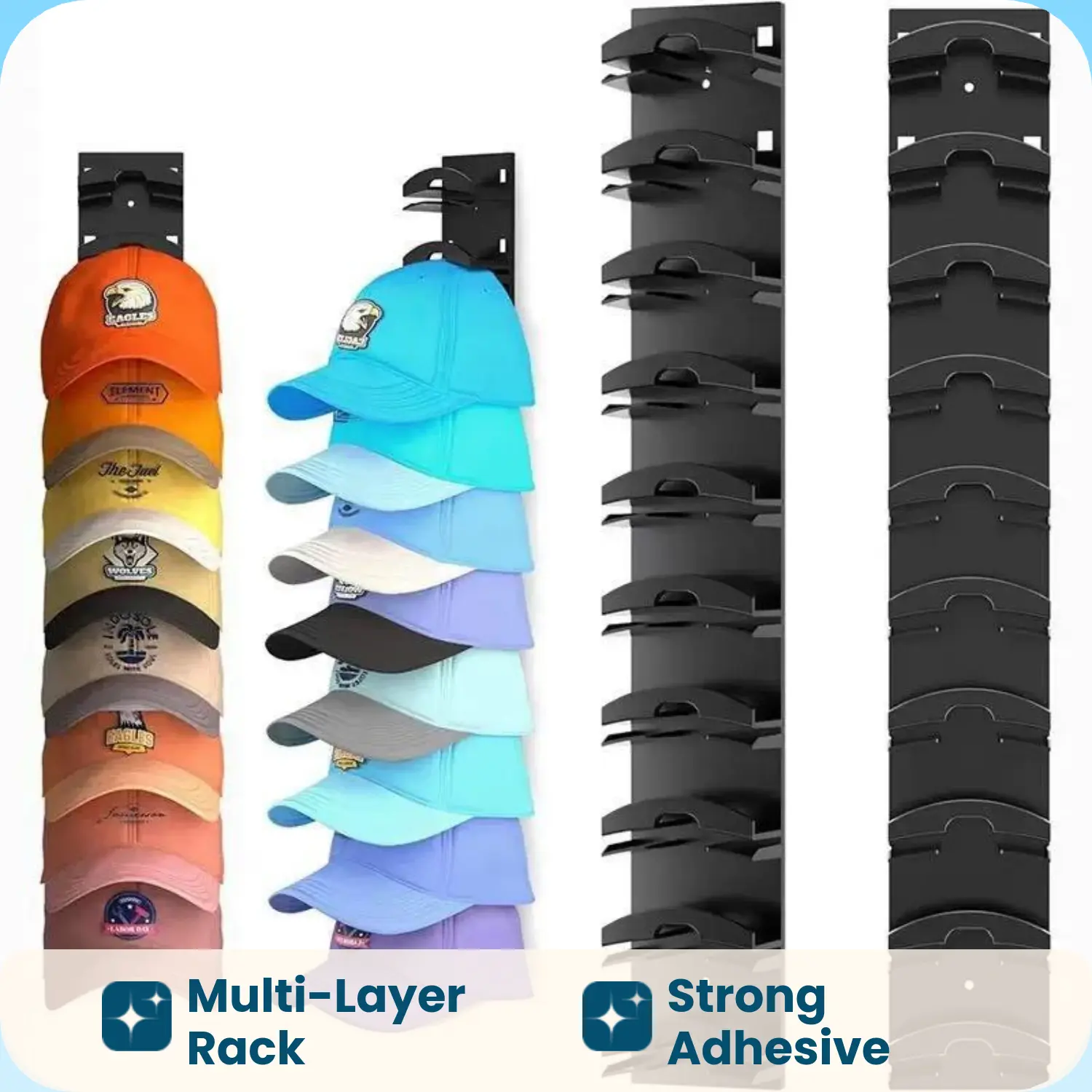 Can hang up to 20 hats; baseball cap storage rack (set of 2), strong adhesive mounting, suitable for doors or wardrobes; multi-layer design, available in black; wall-mounted, multi-layered and adjustable., Hat Organizer