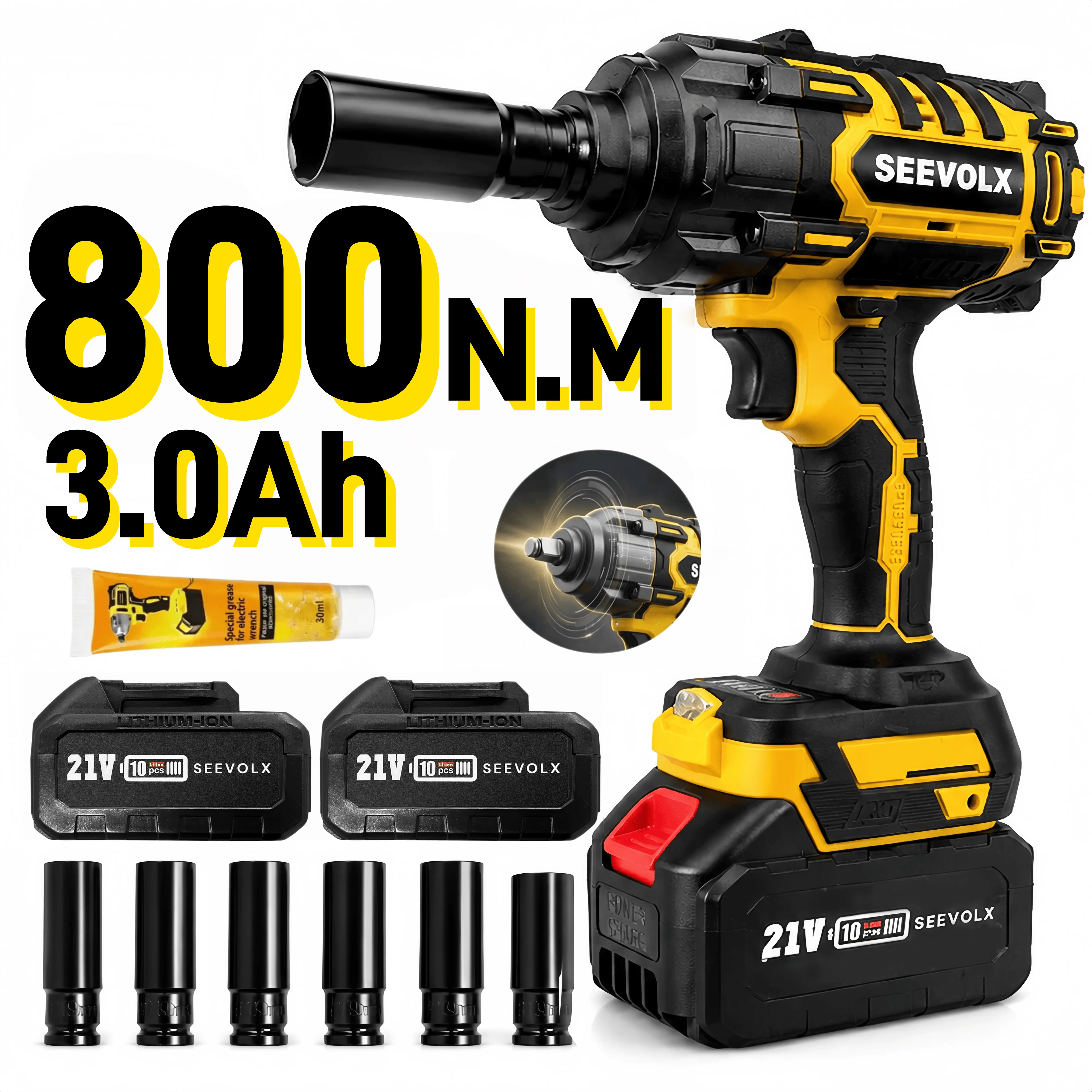 【WeeklyDeals】SEEVOLX Cordless Impact Wrench, 800N.m(885ft-lbs) Brushless Impact Wrench 1/2", High Torque power impact gun, 3-Mode Speed, 3000mAh Battery,  Electric Impact Wrench Set for Car Tire Truck RV Mower Automotive Vehicle Tool Repair Tool