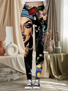 Paw Print High Waist Skinny Leggings for Women Casual Tummy Control Stretchy Leggings with Floral Design