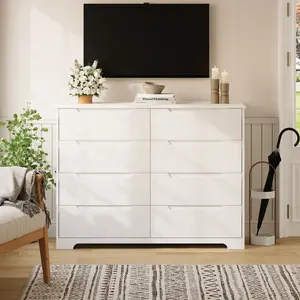 Gizoon 8 Drawer Dresser 48" Wide White Dresser for Bedroom Chest of Drawers with Handle Free Design Modern Storage Organizer for Living Room Kids Room Entryway Hallway Apartment Furniture Space-Saving