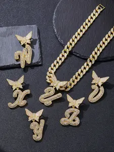 Fashion Trend Cuban Link Chain with Butterfly Pendant, Hip Hop Iced Out Chain Necklace, A-Z Initial Letter Name Necklaces for Men Women