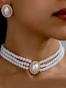 Pearl Necklace Earrings Set, Large Oval Studs, Elegant Jewelry for Women, Perfect Gift Idea, Stylish Accessory for Any Occasion