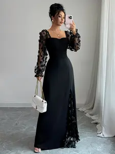 KIMIKAL Elegant Square Neck Long Sleeve Dress with Mesh Splice A-line Flared Hem Flowing Black Solid Color All-season for Vacation Everyday Wear