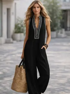 Women Sleeveless Linen Blend Jumpsuit Minimalist Wide Leg One Piece Outfit V Neck Zip Front Elegant Casual Work Vacation Outfit
