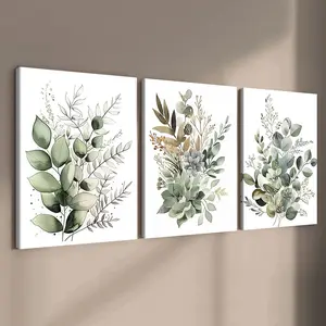 3-Piece Solid Wood Frame Canvas Art Poster Set, Modern Forest Plant Leaf Wall Decor, High-Definition Waterproof Home Decoration