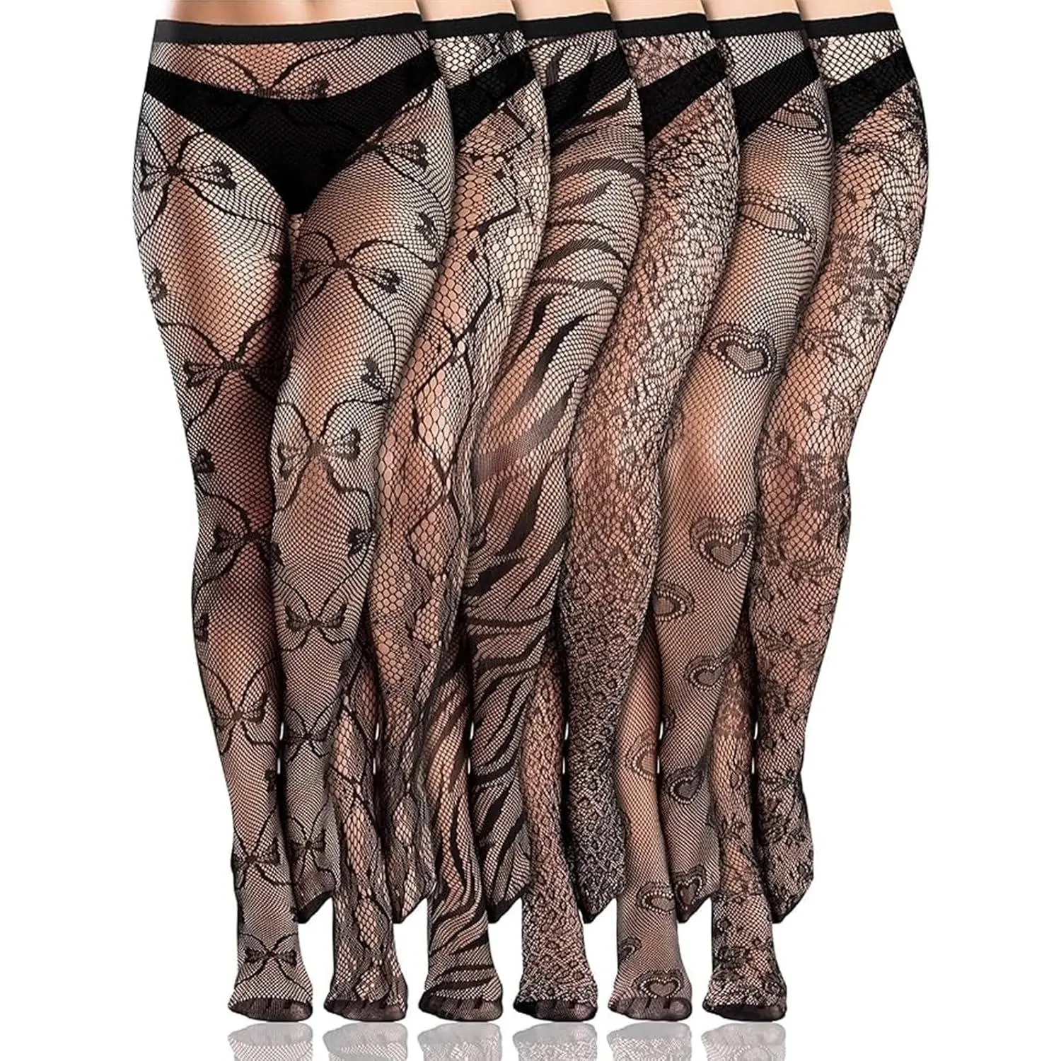 6 Pairs Women Fishnet Thigh High Stockings Waist Tights Mesh Patterned Fishnet Leggings Pantyhose