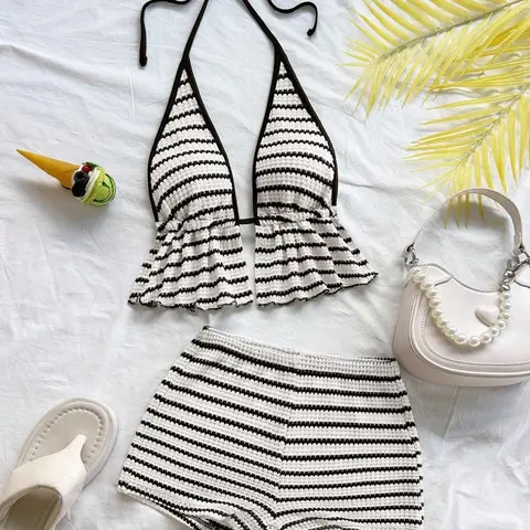 Women's Spring Summer Sexy Colorblock Backless Bow Tie Ruffle Top and Shorts Set, Striped Pineapple Pattern Beach Vacation, Matching Lounge Sets, Knitted Shorts Set, Shortie Set
