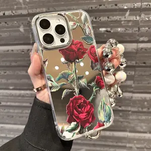 2-in-1 Mirror Phone Case, Red Rose Pattern Phone Case, Anti Drop Decorative Phone Protector, Cell Phone Accessories for iPhone 16 15 14 13 12 11 XS X and other series cases, can be used as a gift for friends or family members