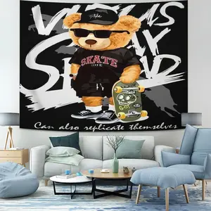 Streetwear Bear Tapestry, Cool Graffiti Style Wall Hanging Tapestries, Trendy Bear Print Wall Blanket, Stylish Backdrop Decor for Teens Bedroom & Living Room, Perfect Urban Style Wall Art