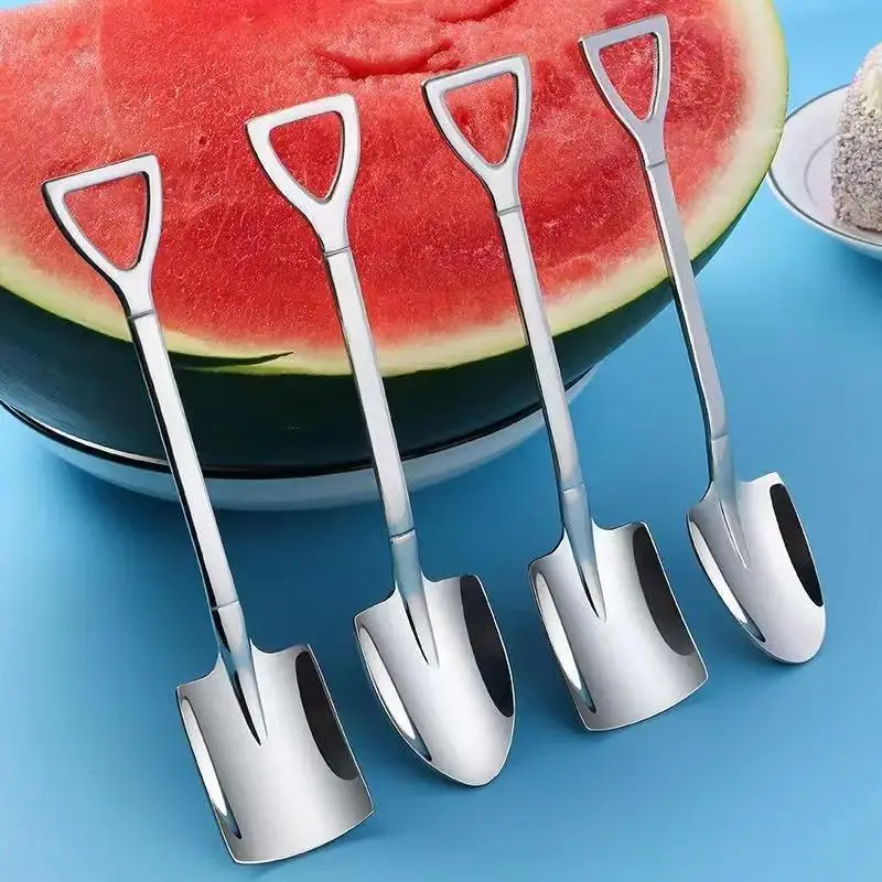 4pcs/set Creative Shovel Shaped Spoon, Stainless Steel Coffee Spoon for Ice Cream, Tea, Appetizer, Dessert, Home Kitchen Supplies
