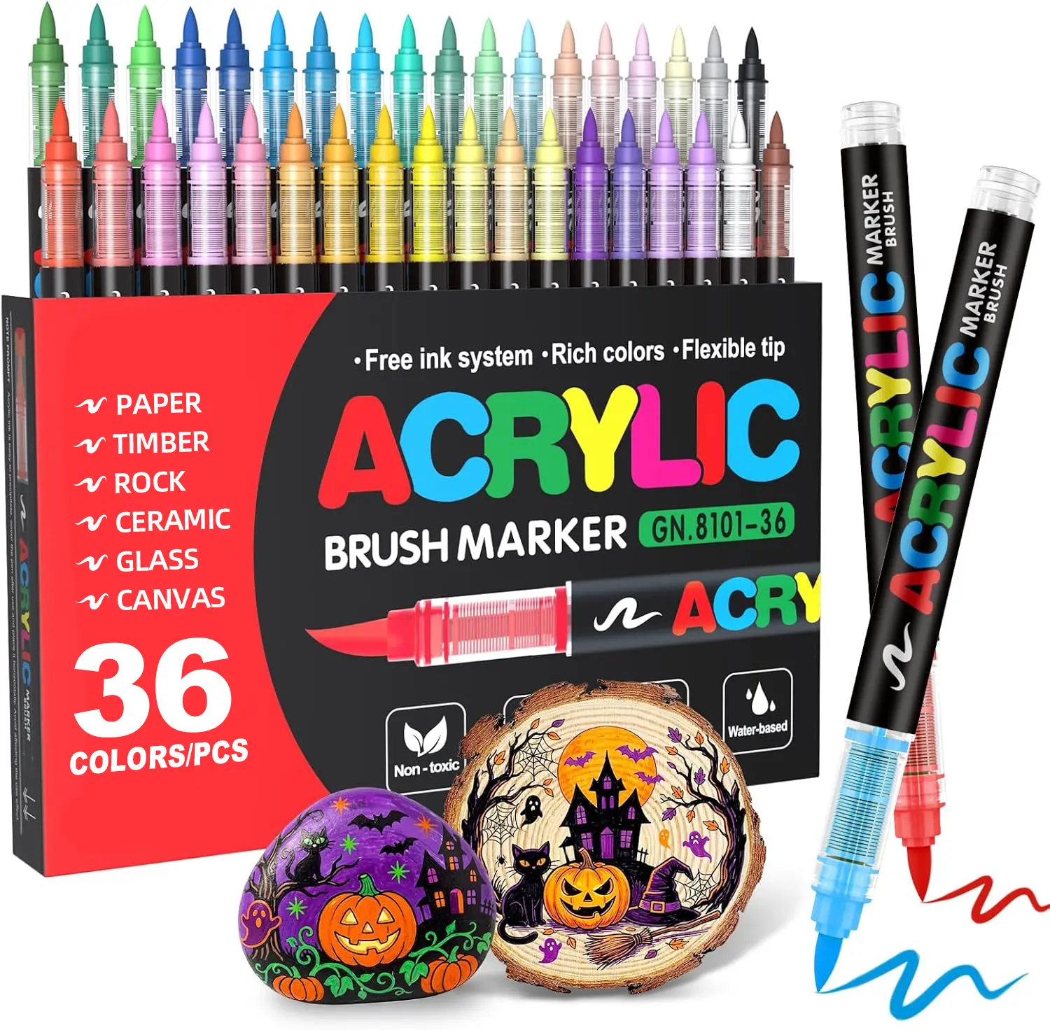 Acrylic Paint Markers - 36/72 Colors Brush Tip Pens with Direct-Liquid Ink System, Water-Based Tools for Coloring, Colored Markers Drawing & Painting Supplies, Crafting Fun on Wood, Rock, Canvas