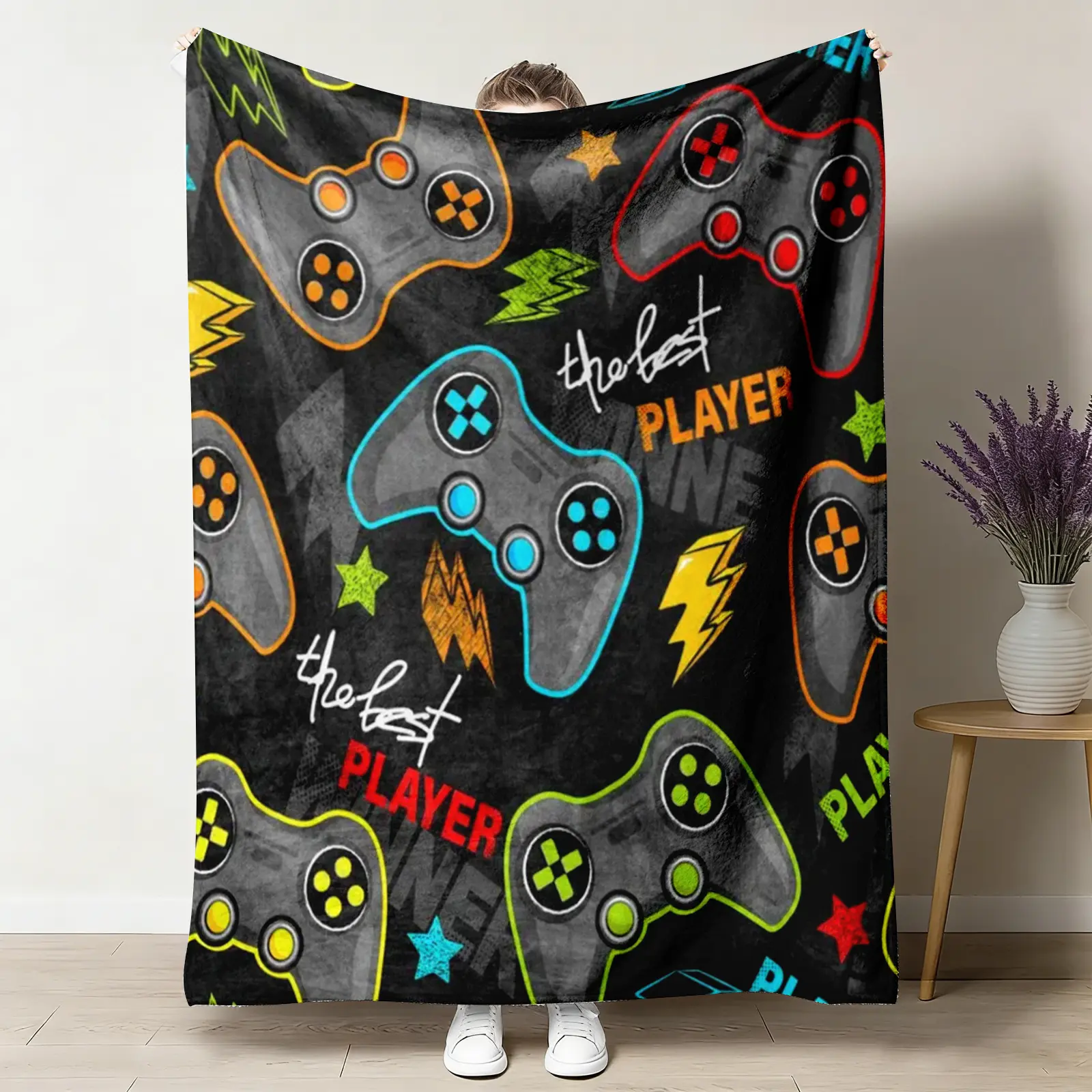 1Pc Classic Neon Video Game Controller Print Flannel Blanket (60x80 in) - 1-Piece Super Soft Plush, Breathable, Wrinkle-Resistant, Stain-Resistant, Durable, Fast-Drying, Travel-Ready Throw, Bedroom Decor, Machine-Washable Gamer Gift