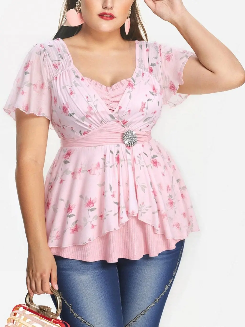 Rosegal Feminine Floral Print Top with Mesh Shortsleeve and Surplice Neckline - Buckle Detail, for Everyday Wear with Jeans & Skirts, Casual, Women backtoschoolshopping, Loose, Plus Size Fashion, Ruffles, Breathable, Soft, Plus Size Top, Shirts, Blouses