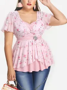 Rosegal Women's Plus-Size 2-in-1 Floral Top - Rose Flower Print, Mesh Fabric, Tulip Hem, Buckle, Ruffles, Ruched, Surplice, Ribbed Texture, Breathable Shortsleeve, Everyday Wear, Skirts Pairing, Summer Vibes
