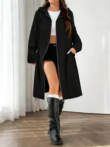 Women's Spring/autumn Zipper Front Long Sleeve Fashion Hooded Windbreaker Jacket Coat, Loose-Fitting Minimalist Style