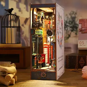 1pc DIY Book Nook Kit, DIY Miniature Dollhouse Kit, 3D Wooden Puzzle Bookshelf Insert Decor With Sensor Light, Bookends Model Build-Creativity Kit For Teen Adults Women Birthday Gift, Backto School Gift