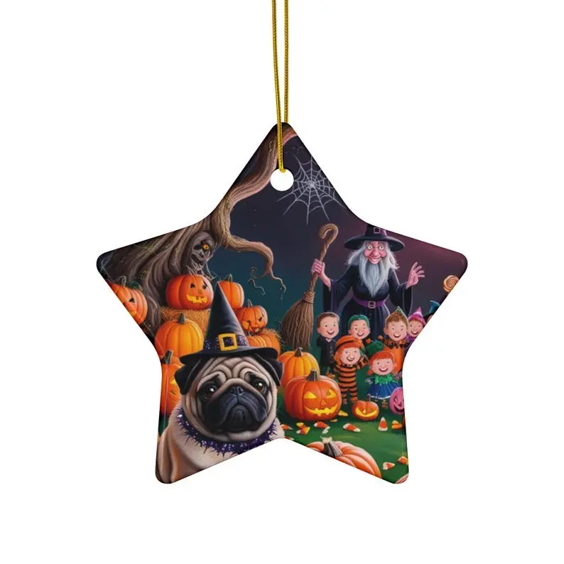 Pug Halloween Ceramic Ornament, Dog Lover Gift, Holiday Decoration, Halloween Party Decor - Circle, Star, Heart, Oval Shapes