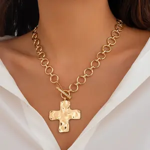 Gold Chunky Cross Necklace for Women Statement Cross Pendant Layered Hammered Bold Vintage Toggle Clasp Jewelry Stainless Steel OT Clasp Modern Versatile Accessories Cuban Link Design