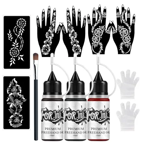 Temporary Tattoo Ink Set, 3 Bottles of Hand-Draw Tattoo Ink and 6 Hollow Template Stickers, Henna Stencils Body Makeup, Leg Makeup for Body Art, Parties, Halloween, Graduation and Beach Vacations, Temporary Body Paint, Face Body Makeup