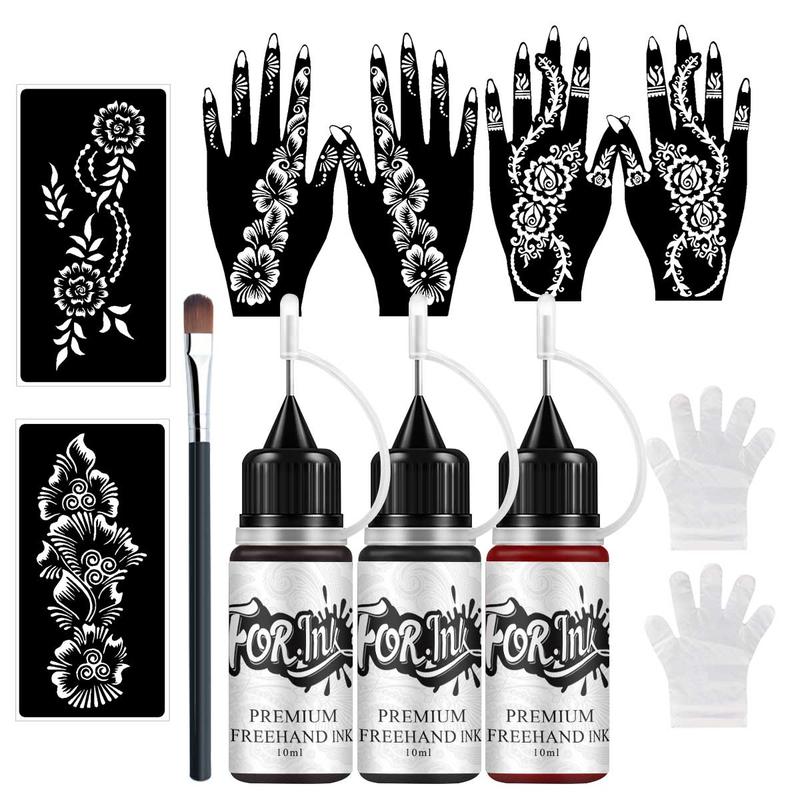 Temporary Tattoo Ink Set, 3 Bottles Hand-Drawn Tattoo Ink & 6 Hollow Template Stickers, Henna Stencil, Body Art, Party, Halloween, Graduation, Beach Vacation