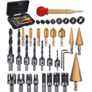 34 Pack  Working Chamfer Drilling Tools, 6 Countersink Drill Bit Set, 7 Counter Sinker Drill Bit Set, 8 Plug Cutters for , 8 Drill Stop Bit  Set and 3 Step Drill Bits.