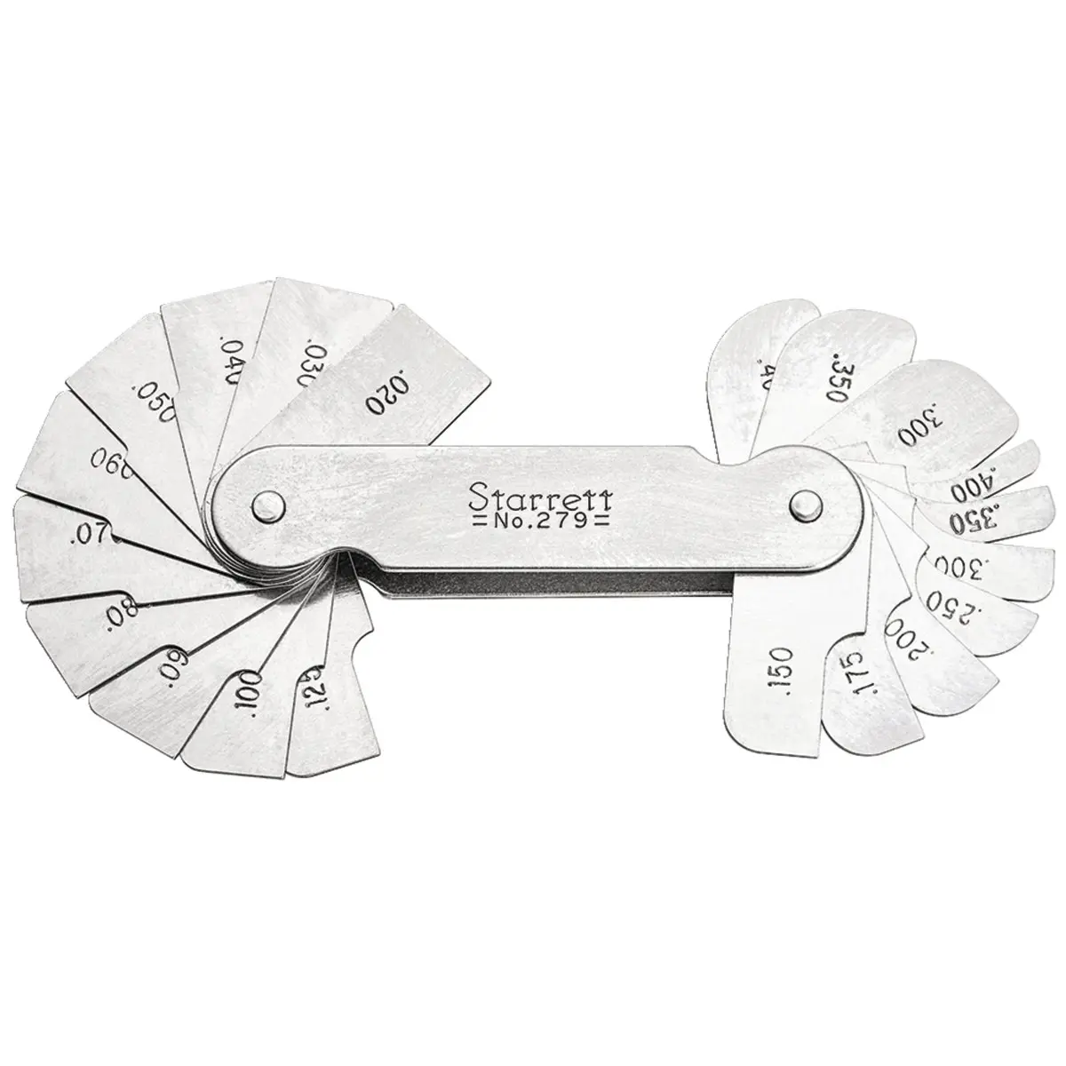 Starrett 279 Leaf-Shaped Fillet or Radius Gage, 0.020-0.400 in. Range, 20 Leaves, for Concave and Convex Surfaces, Eccentric Mounting, Measuring Corners