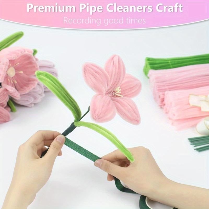 DIY Craft Kit, 400 Pieces Pipe Cleaners in 4 Colors, Chenille Stems and Floral Making Supplies, DIY Flower Decor Kit, Includes String, Tape, Buds and Ribbons