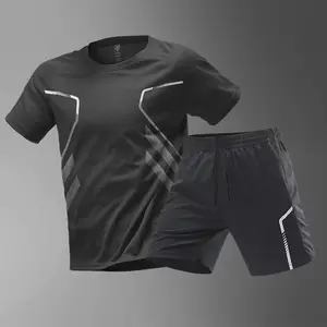 2pcs Men's Sportswear Track Suit Short Sleeve Top Tight Double Layer Pants Anti Embarrassment Swimming Gym Fitness Outfit All Season Wear
