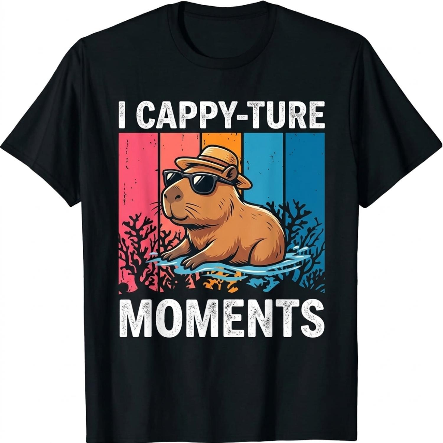Humorous Capybara Graphic T Shirt Retro Vintage Sunset I Cappy Ture Moments Tee for Men Women Animal Enthusiasts