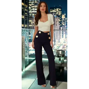 X CROSS RIBBON PANTS - GOLD FLAT BUTTON DETAIL ON ALL FOUR - FLARE PANTS - ZIPPER ON THE BACK